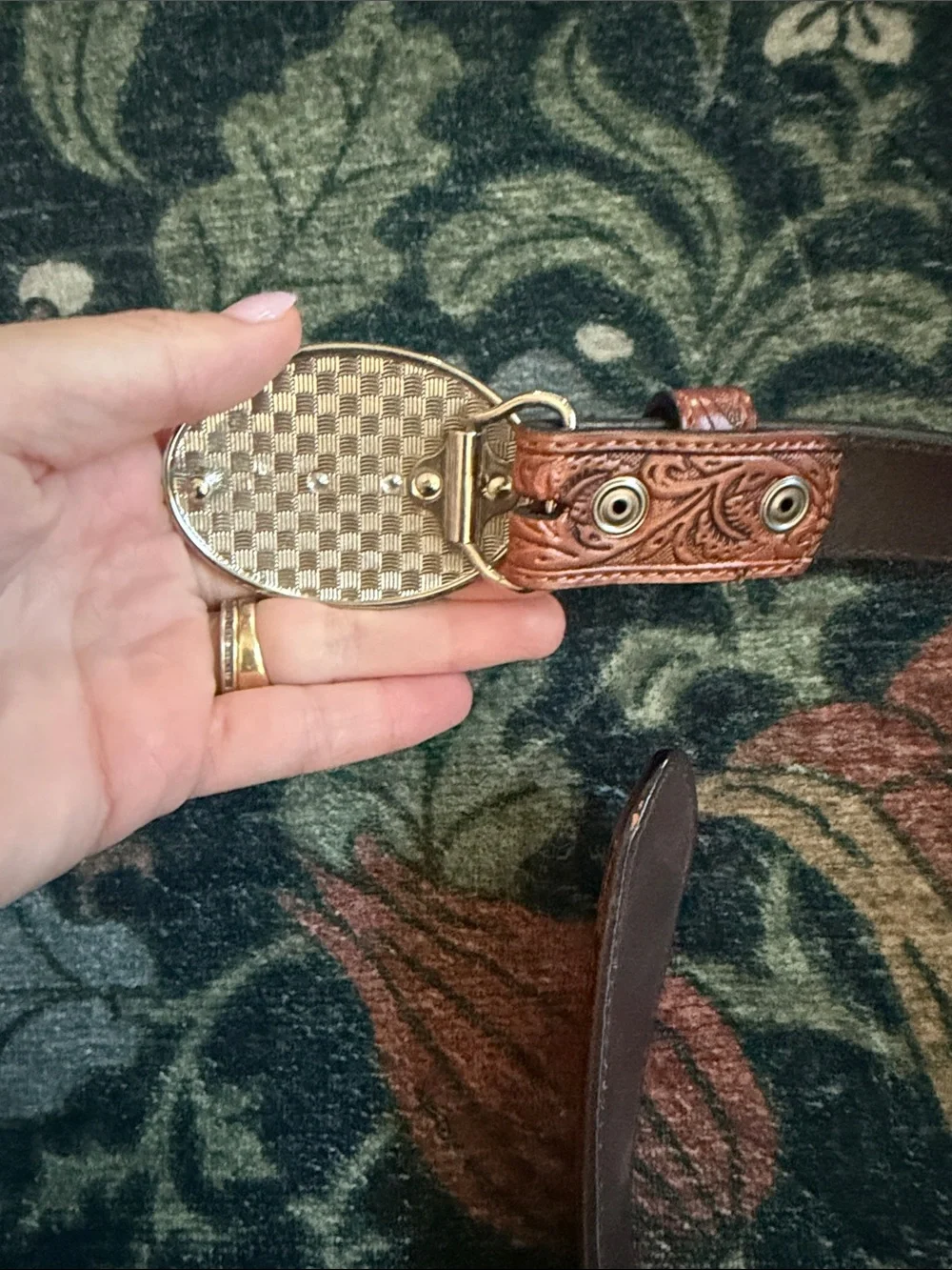Brown Tooled Kids Belt with Silver Oval Buckle & Gold Longhorn